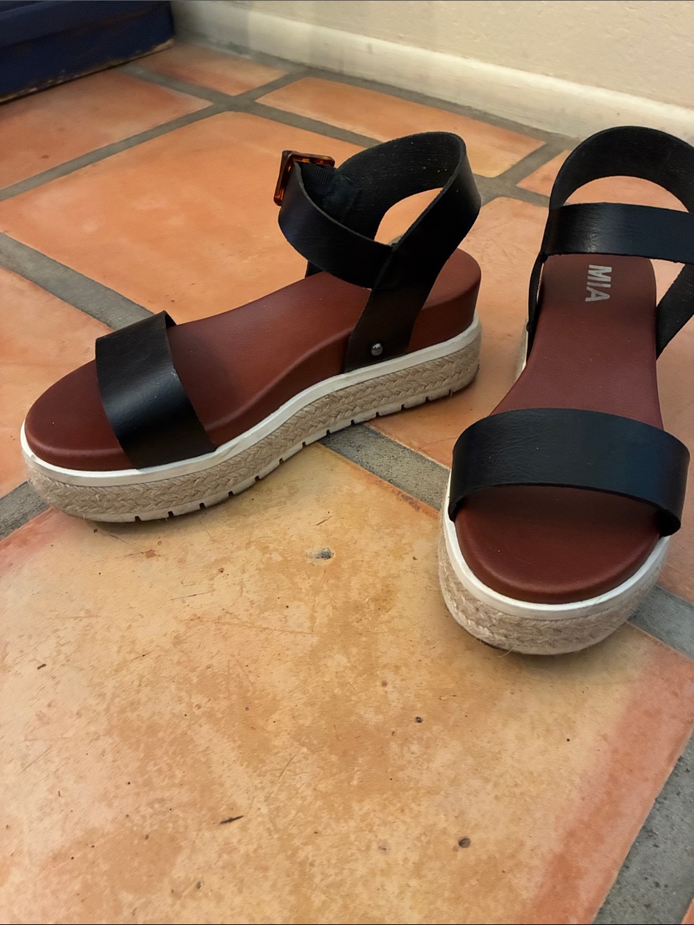 MIA Black Strap Platform Sandal with jute wedge, size 5 1/2